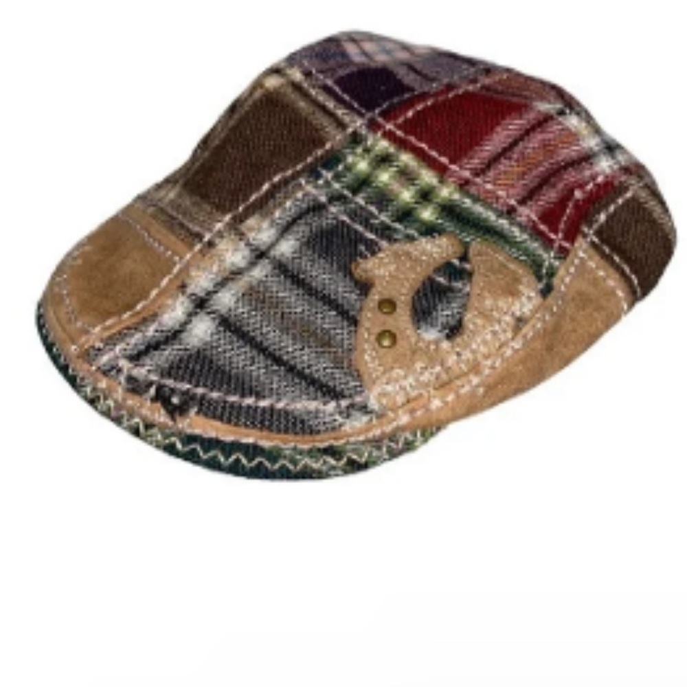 TRUE RELIGION vintage newsboy/driver cap. s/m. Brown plaid mixed media. RARE!